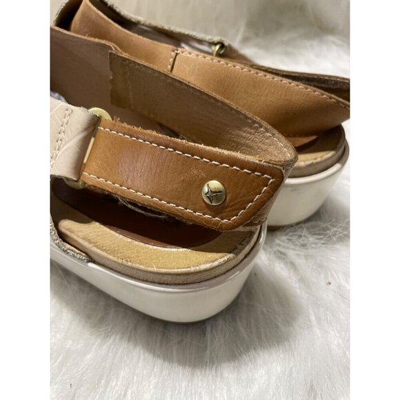 Pikolinos Womens Leather Sandals Beige & Tan Open Toe Croc Embossed Crisscross - Picture 5 of 8